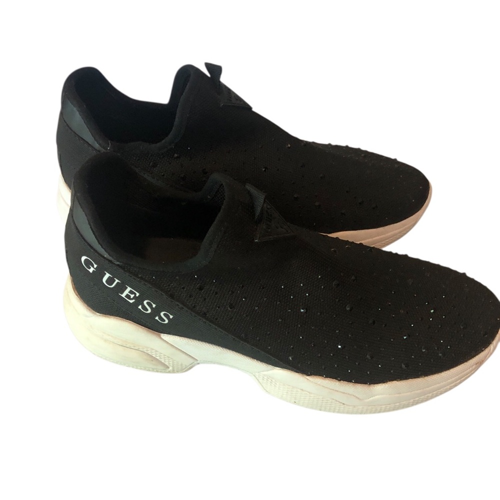 Guess Black Slip-On Knit Sneakers with White Sole and Black Rhinestones